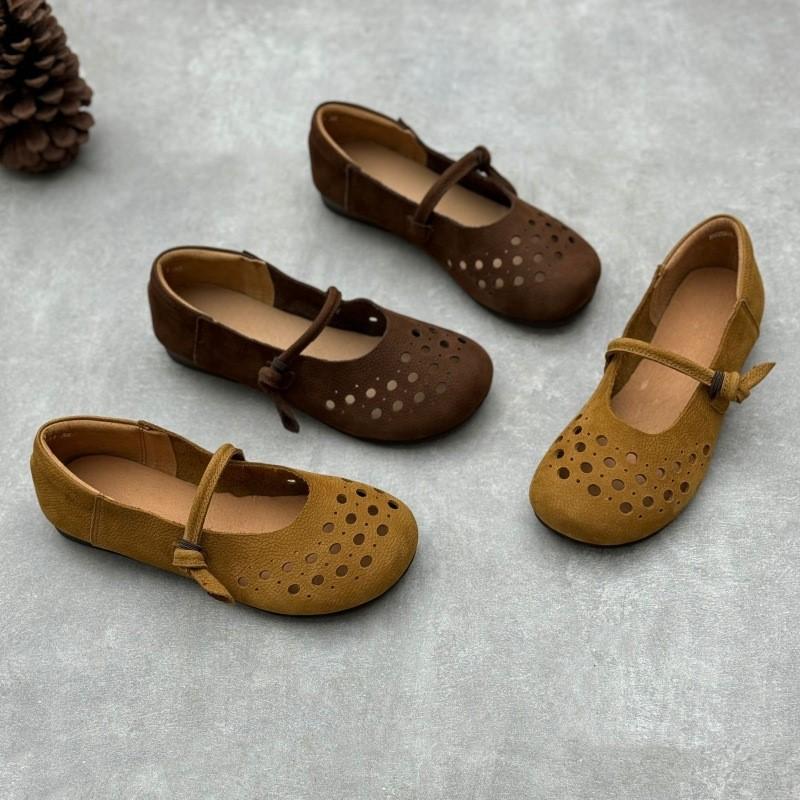 Johnature Handmade Genuine Leather Hollowed Out Women's Flat Shoes Retro Round Toe Soft Cowhide Sandals