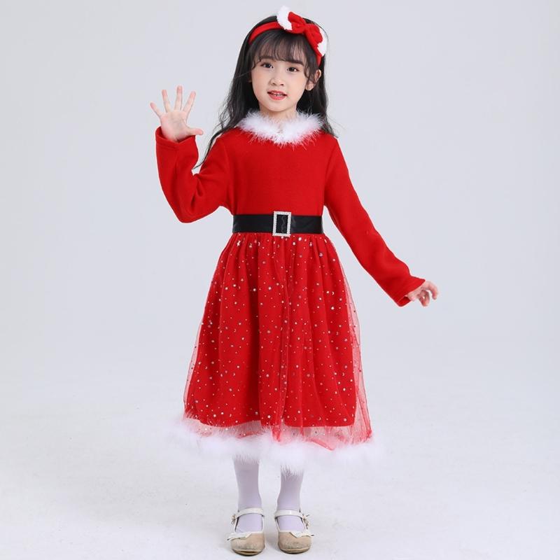 Santa Suit Christmas Santa Clauses Costume for Kids Girls Santa Costume Outfits Bow Headband + Glitter Tutu Dress