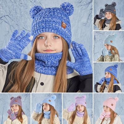 Kids Winter Hat Gloves Scarf Set Cold Weather Knitted Bear Hat with Pom Fleece Lined Neck Warmer Mitten Set for Girls Boys Ages 4-10 Outdoor