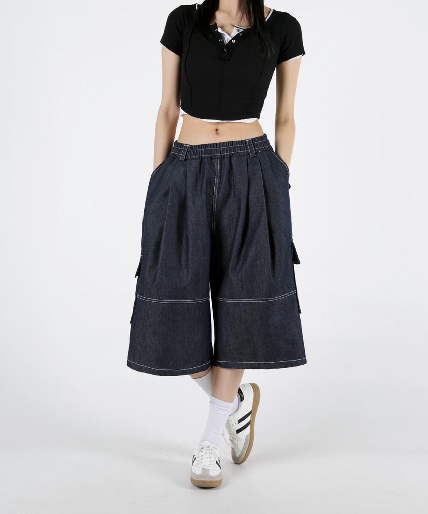 UMM Women'S Double-Tuck Bermuda Cargo Denim Pants 2 Colors