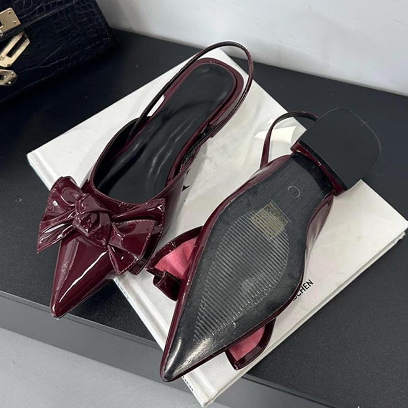 Designer Bowknot Flat Sandals Women Sexy Pointed Toe Backless Square Heel Dress Shoes New Fashion Party Back Strap Brand Pumps