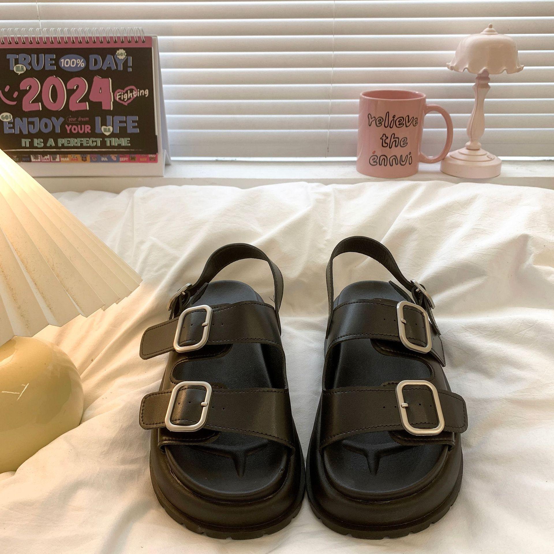 

Женские римские сандалии на толстой подошве, увеличивающие рост, лето 2024, новые повседневные универсальные модные пляжные туфли с пряжкой на ремне 40 чёрный