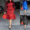 Women's Floral Print Mesh Sleeve Dress with Ruffled Hem in Red, Blue, Gray