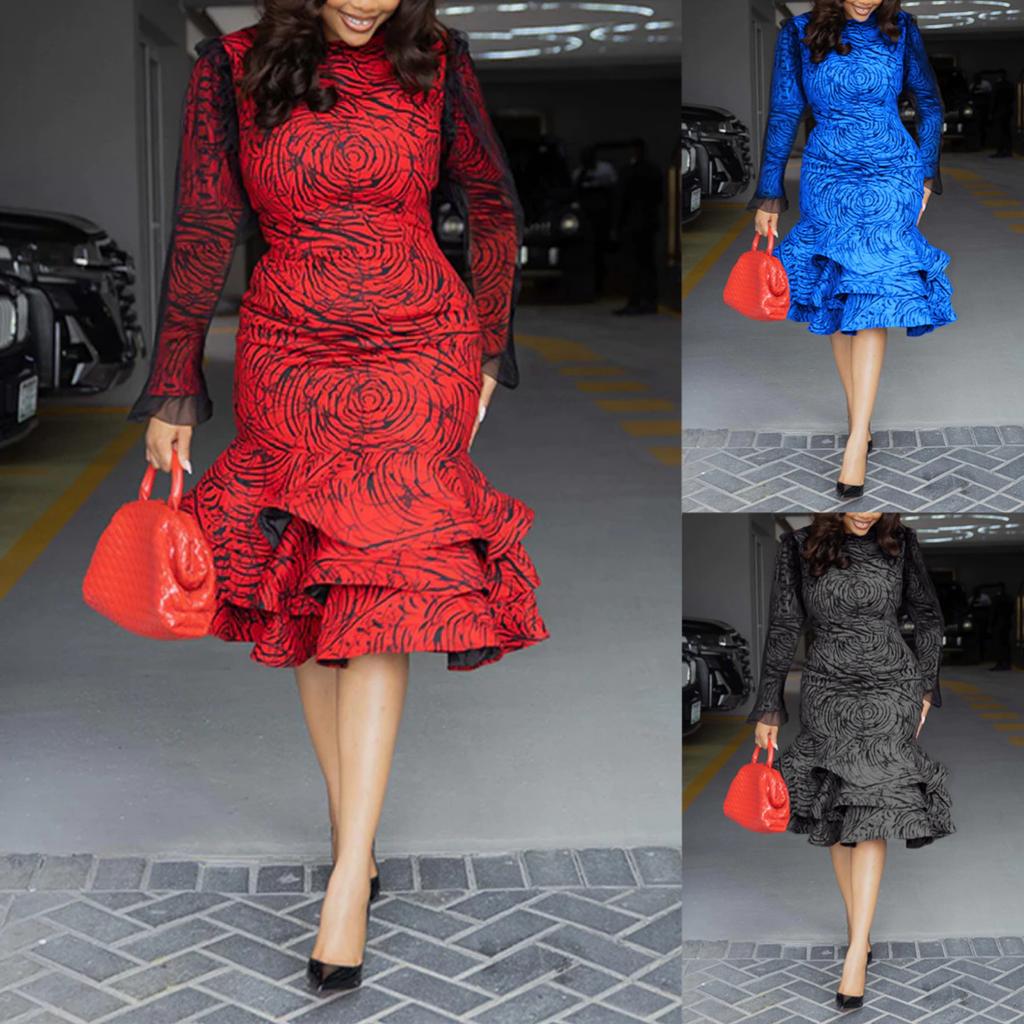 Women's Floral Print Mesh Sleeve Dress with Ruffled Hem in Red, Blue, Gray