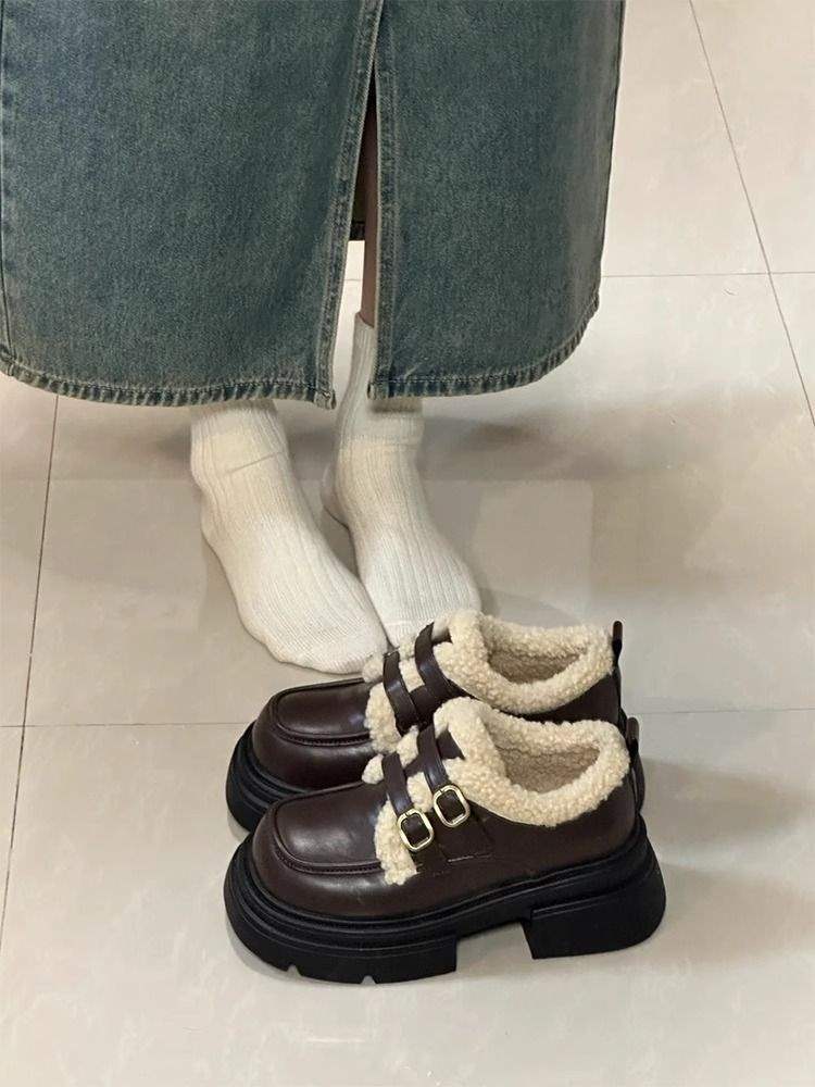 Fleece platform small leather shoes for women 2025 winter new retro British style high-heeled plush loafers for women