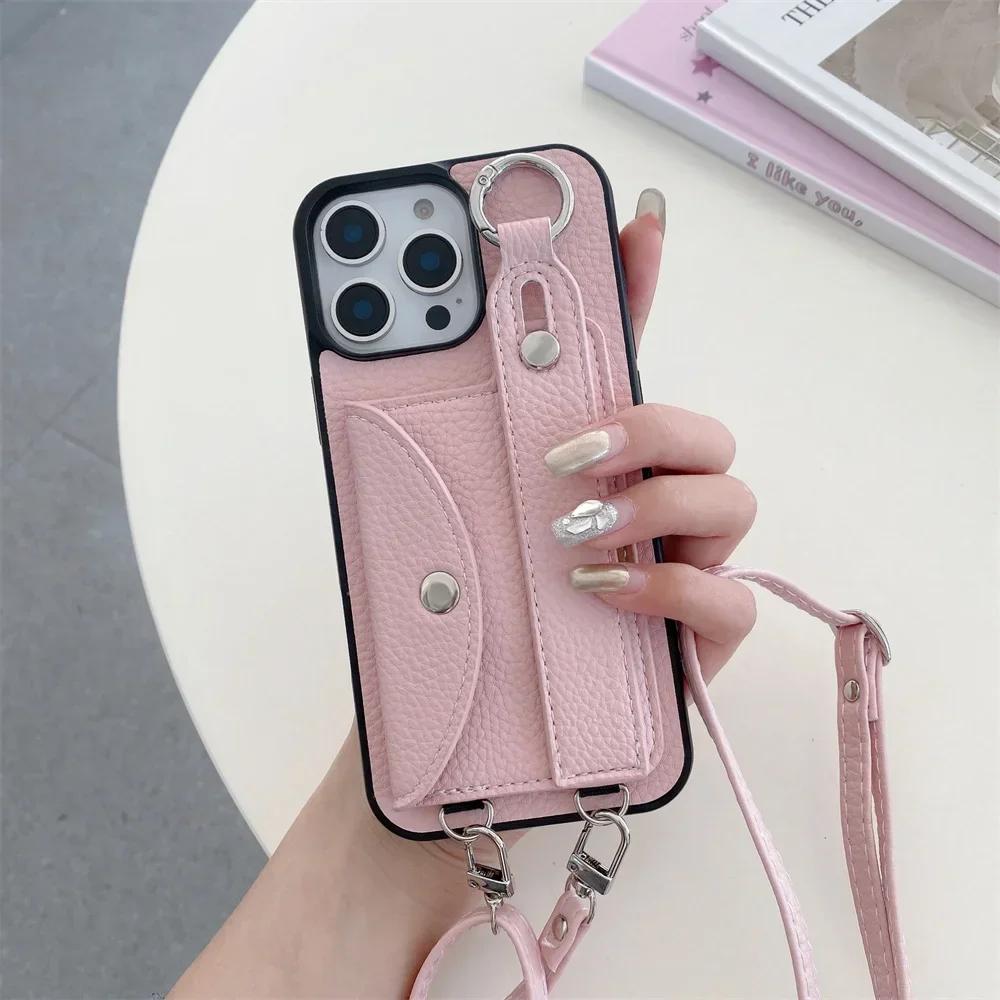 Crossbody Wrist Strap with Card Holder Phone Case for IPhone 16E 16 15 14 Plus 13 12 11 8 7 Pro Max XS Leather Ring Stand Cover