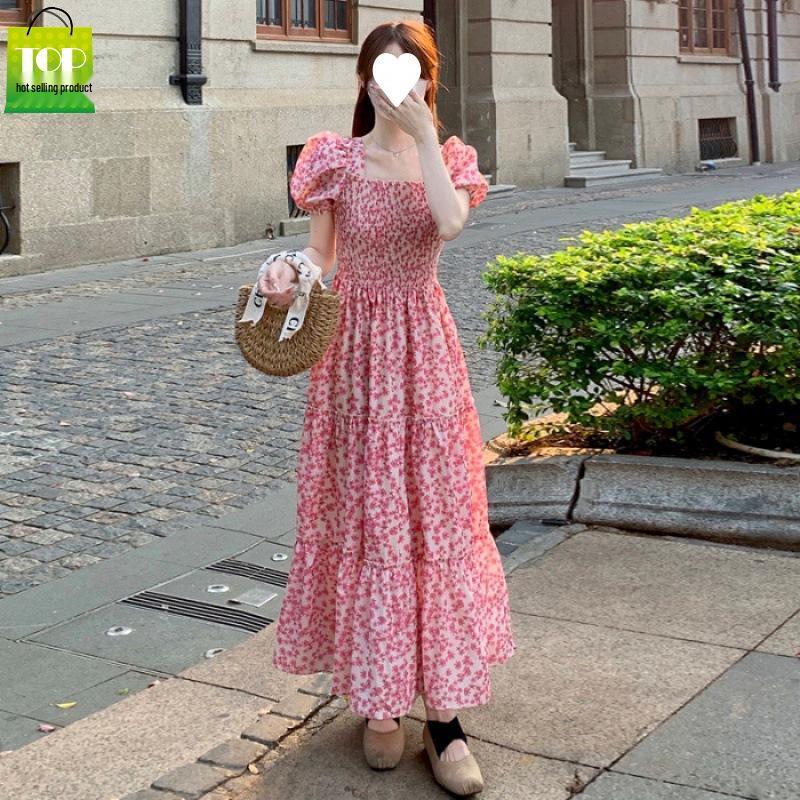 Women s Elegant Summer Floral Dress: French Neck, Puff Sleeves, Waist-Cinching, Princess Fluffy Skirt M розовый