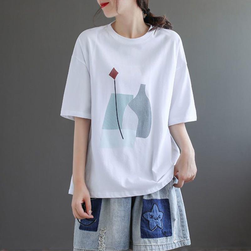 T-shirt for Women Summer Cotton Pullover Shirt Soft Loose Printed Casual Comfortable Short-sleeved Top