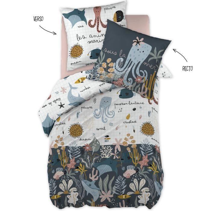 Housse de couette + taie - Octopia - Le Poulpe - 140 x 200 cm - 100% Coton - Imprimé recto/verso