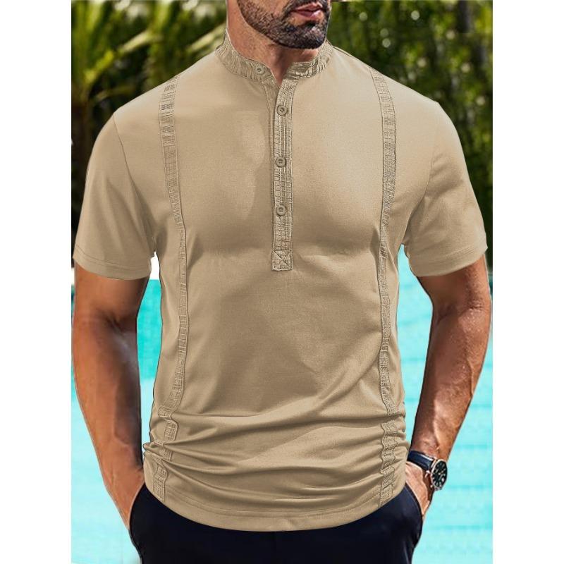Men Stand Collar Button Placket Short Sleeve Henley T Shirt Slim Fit Casual Top