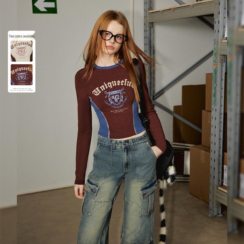 UNIFREE Women s Contrast College Style Long Sleeve T-Shirt S