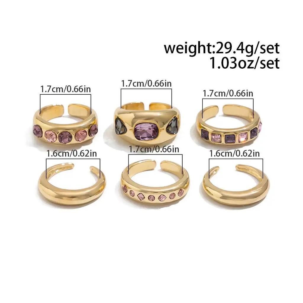 Ingemark 6Pcs Creative Inlaid Purple Rhinestone Opening Ring Set Women 2025 Trendy Simple Metal Finger Rings Jewelry Accessories