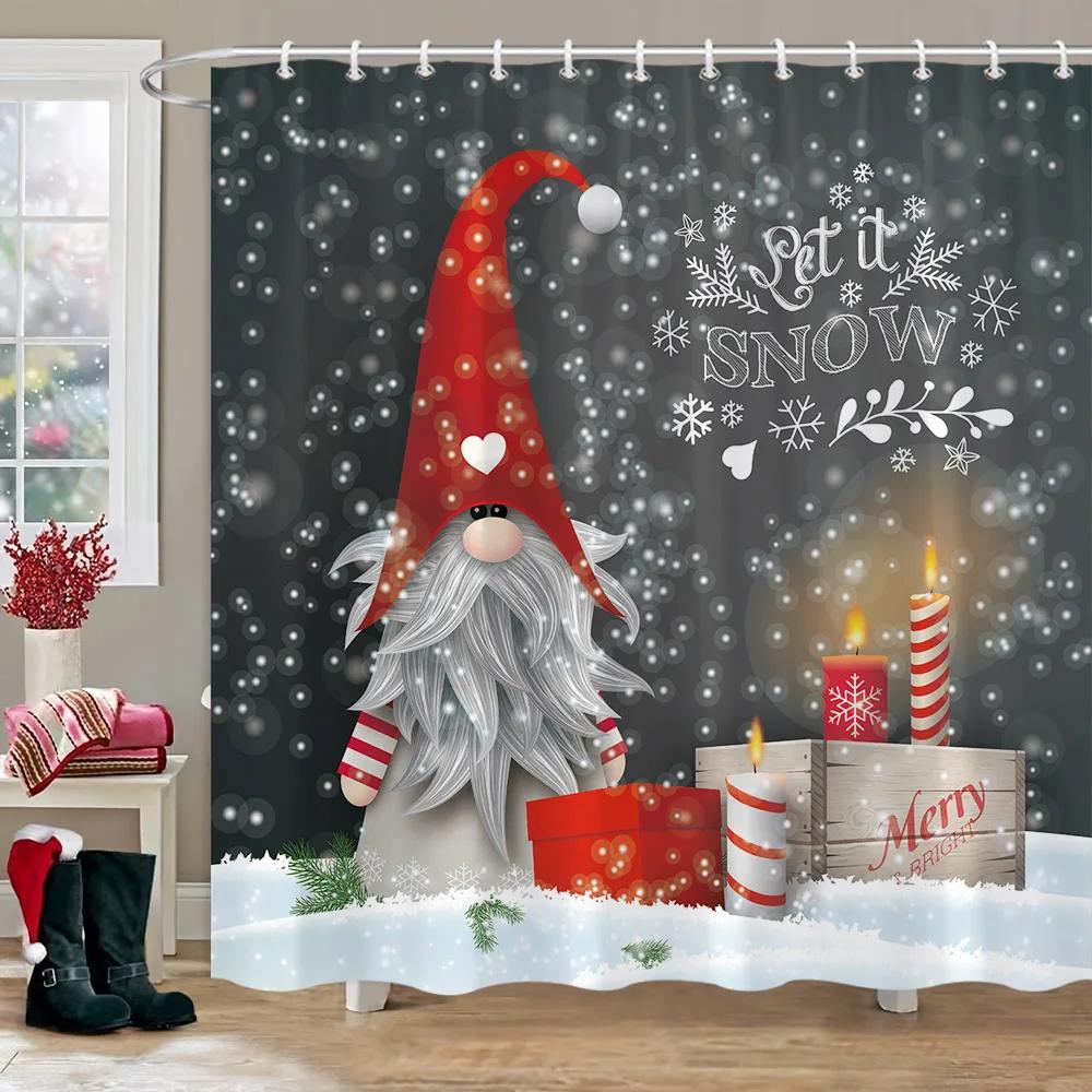 

Christmas Bathroom Set with Shower Curtain and Rug Santa Gift Red Background Happy New Year Bath Curtain Set Xmas Bathroom Decor W150xH180cm