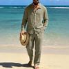 Men's Linen Long-Sleeve Lapel Shirt & Straight-Leg Pants Set for Casual Spring/Autumn Beachwear