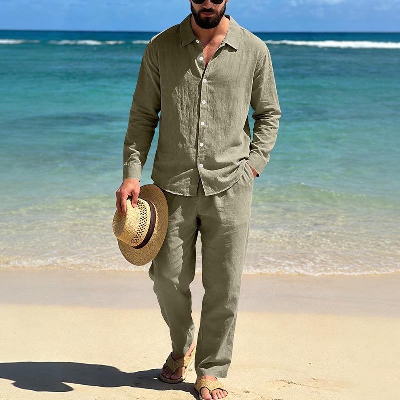 Men's Linen Long-Sleeve Lapel Shirt & Straight-Leg Pants Set for Casual Spring/Autumn Beachwear