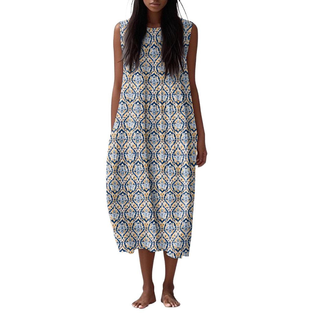 Rochie de damă la modă, casual, fără mâneci, cu gât rotund, florală, elegantă, cu temperament