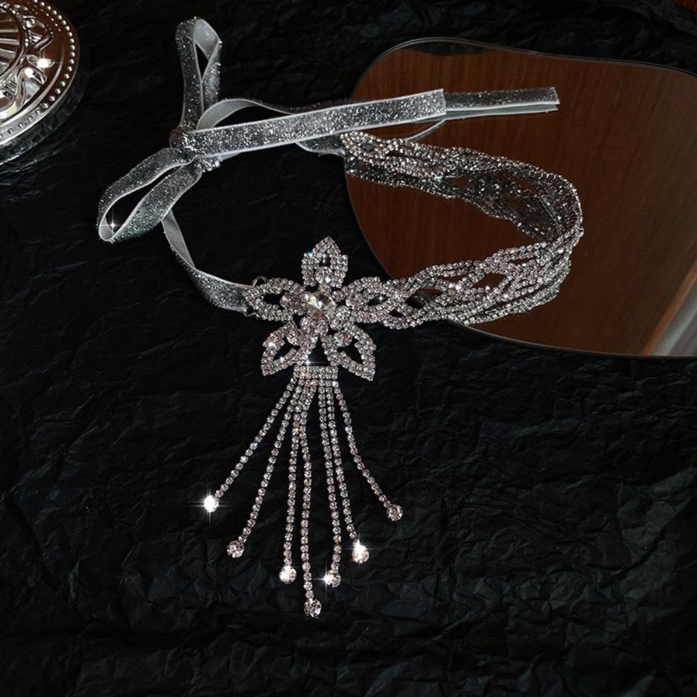 Shiny Exaggerated Necklace Hollow Lace up Necklace Charm Rhinestone Flower Necklace  Wedding