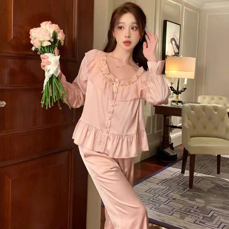 [Sugar Heart Sweet Dream] French ice silk pajamas, sweet princess style suit, spring and autumn loungewear can be worn outside