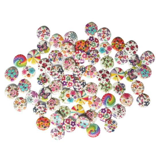 100Pcs Flower Print Wood Buttons 2 Holes Scrapbook Clothing Sewing DIY