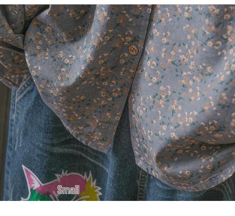 Women's Small Floral Cotton Linen Long Sleeve Shirt - Artistic Casual Spring/Autumn Outerwear
