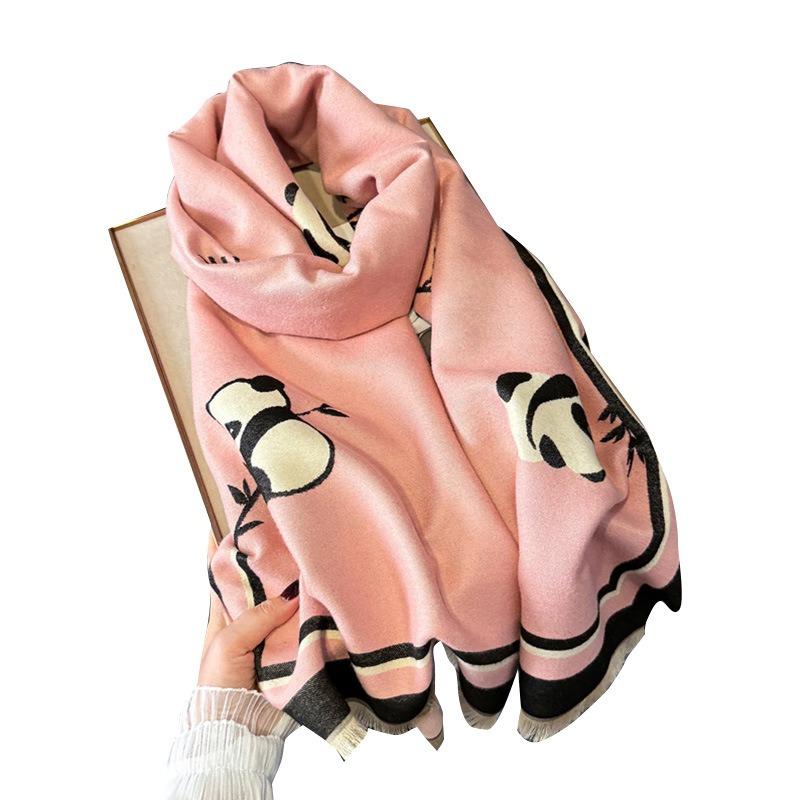 Original panda cartoon pattern simple and versatile warm pink and blue scarf women wear long scarves in winter