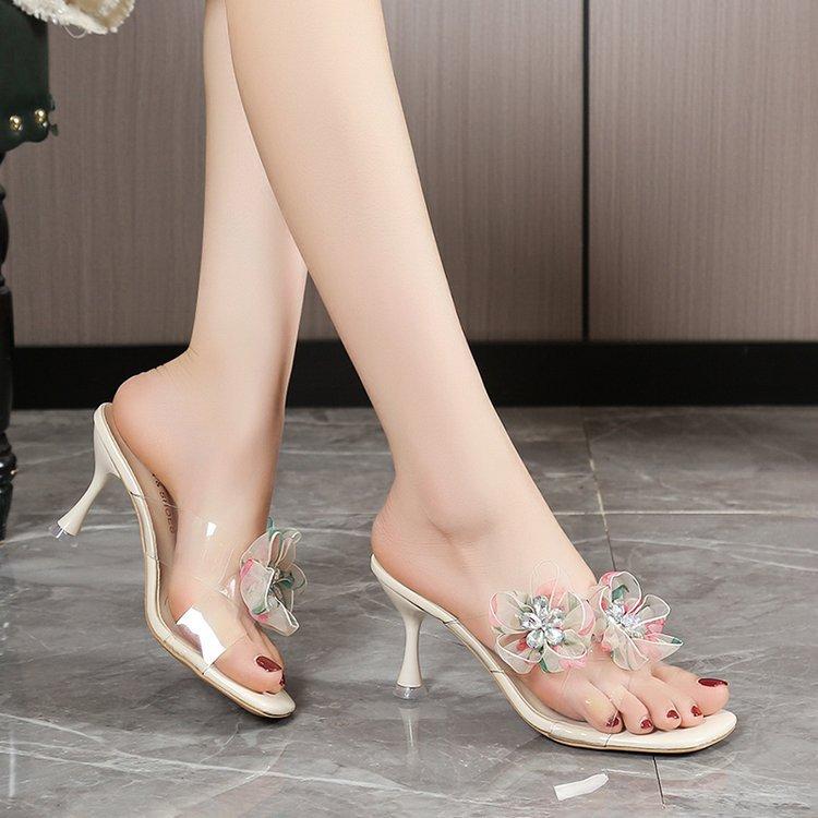 One-word Transparent High-heeled Cool Slippers, New Versatile Thin-heeled Outer Flower Crystal Slippers In the Summer of 2024