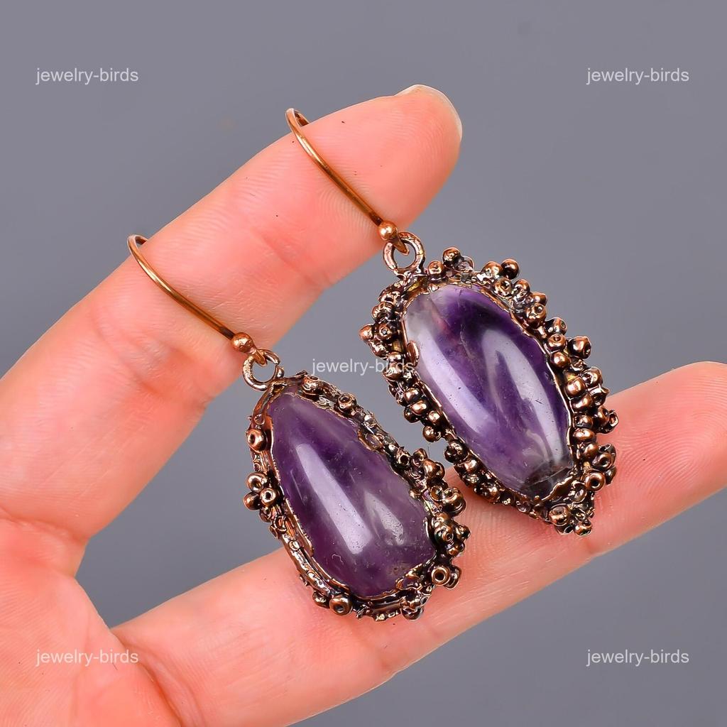Amethyst Stone Hook Boho Drop Dangle Mothers day Electroformed Earrings Copper V-111