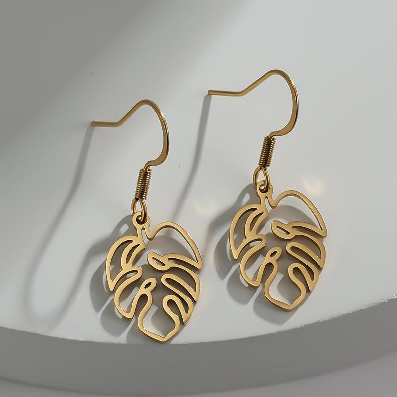 

New In Monstera Leaf Pendientes Dangle Earrings For Women Girl Plant Stainless Steel Golden Pendant Charm Piercing Drop Zircon
