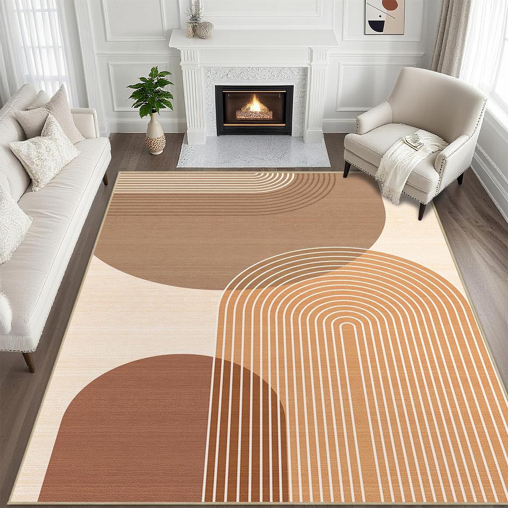 Warmer Nordischer Läufer Teppich Braun Beige Halbkreis Linienmuster Teppich Rutschfeste Fußmatte für Wohnzimmer Schlafzimmer