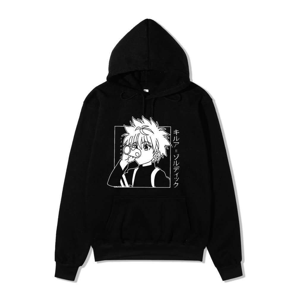 Hunter X Hunter Killua Drink Line Art Hoodie Japanese Text Black Anime Casual Hooded Pullover Sweatshirt