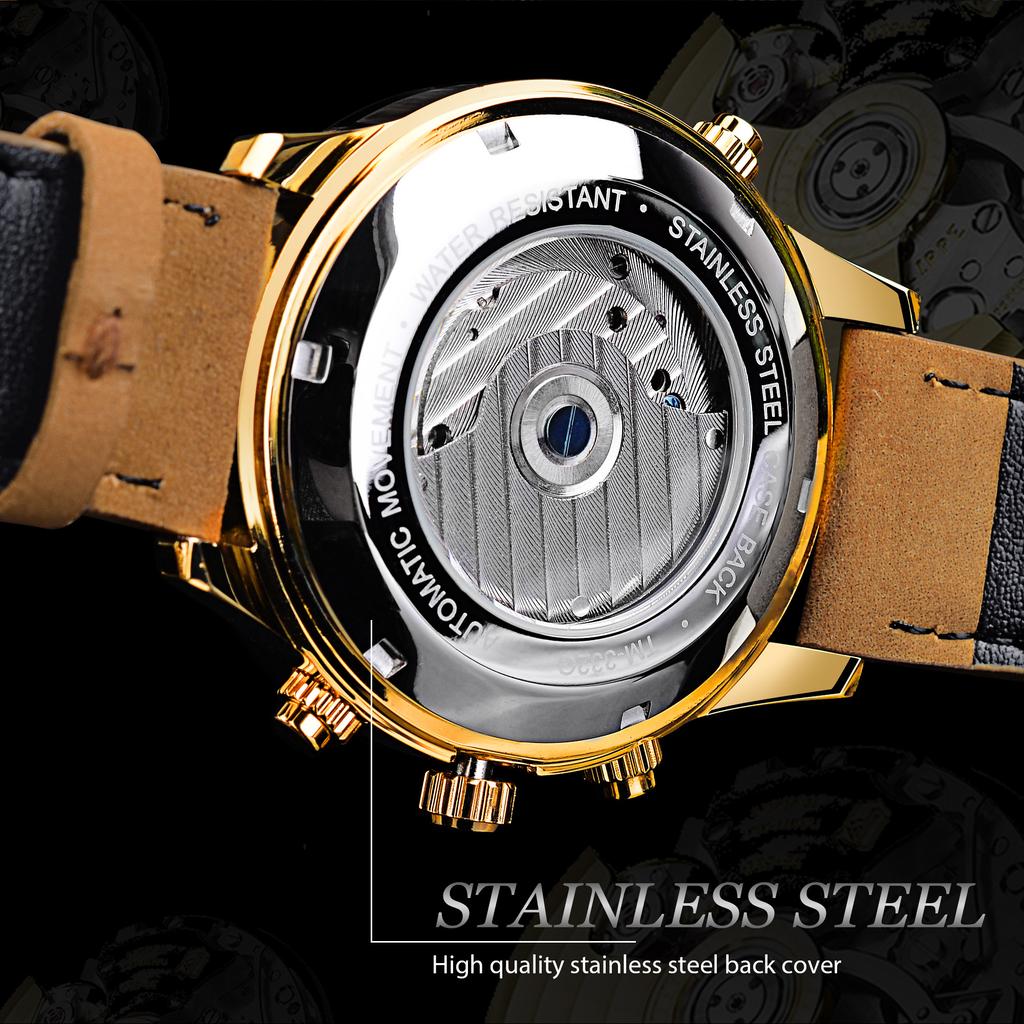 2025 New Forsining Chronograph Automatic Men Gift Watch Hollow Mechanical Wristwatch Genuine Leather Mens Tourbillon Watches