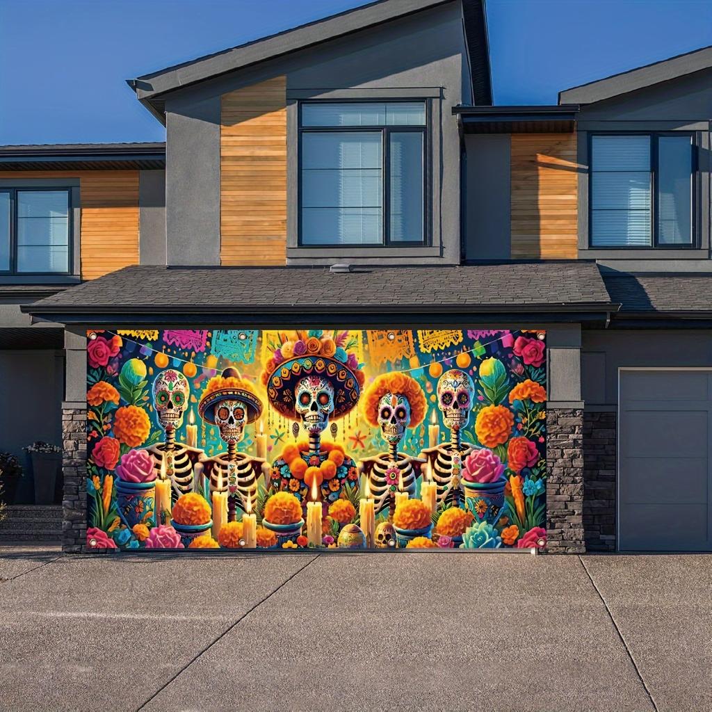 A colorful Mexican Day of the Dead flower and candle decorated garage door banner, polyester, suitable for Halloween