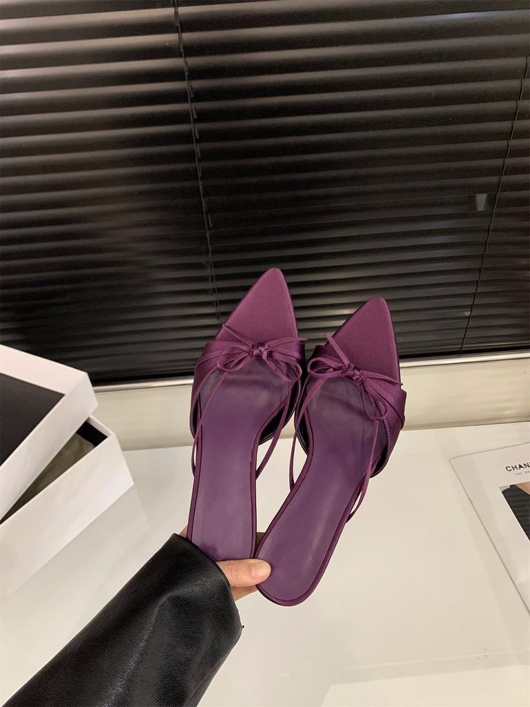 French Kitten Heel Nude Bow Cool Slippers Fairy Shoes Outer Wear 2025 Summer High Heels Pointed Sandals