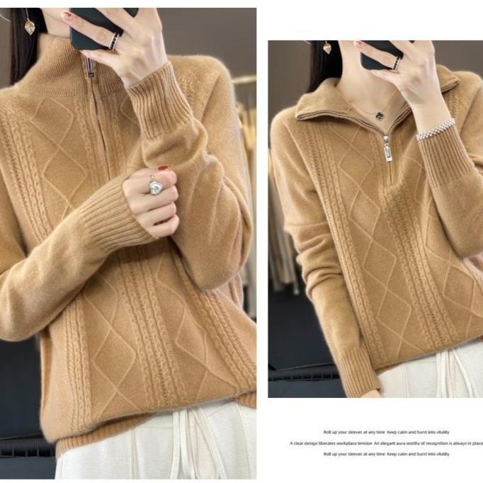 Autumn Winter Women's Stand Collar Sweater Solid Color Pullover Sweater Knit Top