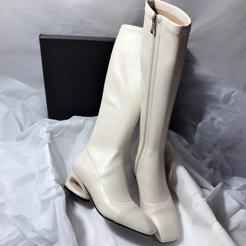 Fashion Square Toe Cutout Block Heel Elegant Soft Leather Versatile Side Zipper High Heel Temperament No Knee Boots for Women