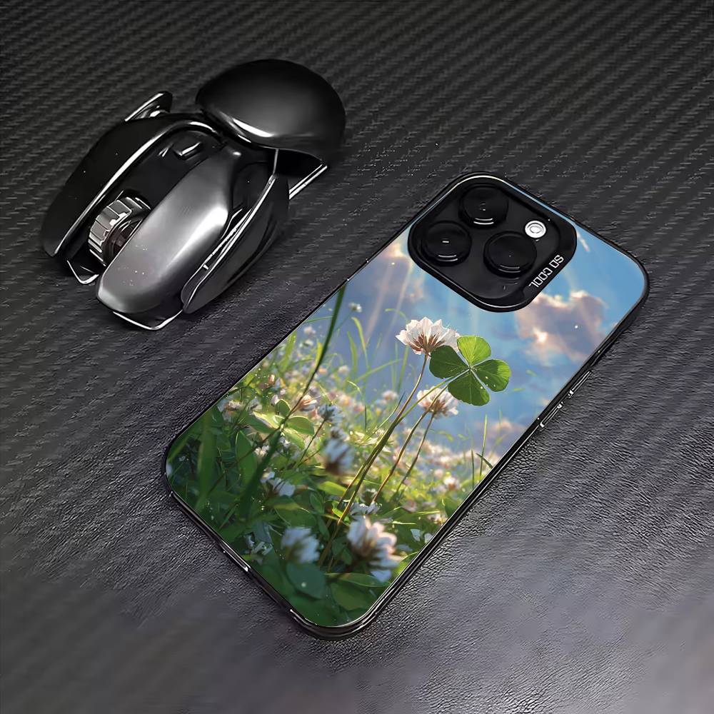Lucky Four-Leaf Clover Phone Case For iPhone17,16,15,14,13,12,11 Plus,Pro Max Colored Silver Plated Inside Cover