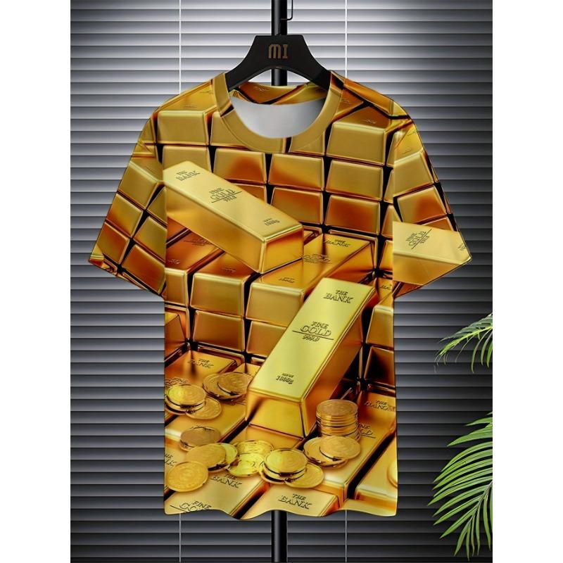 Men's Gold Bar 3D Printed T-Shirt Casual Short Sleeve Crewneck Top Creative Money Brick Graphic Tee Trendy Hip Hop Streetwear Summer Fashion Clothes