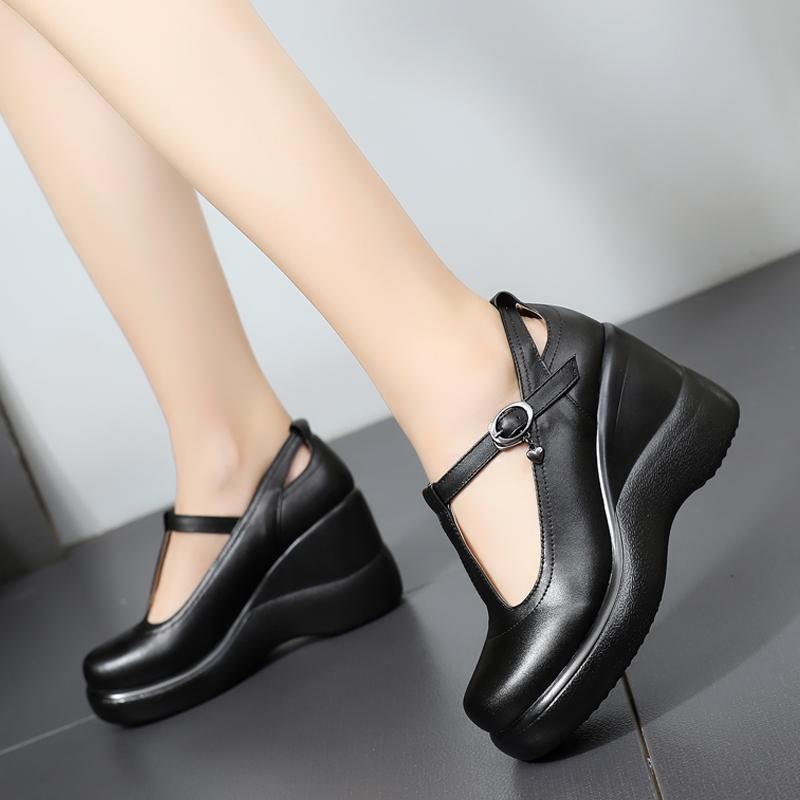 Fashion GKTINOO T-Strap Genuine Leather Wedges Shoes for Women 2025 High Heels Shoes Office Ladies Platform Shoes Mother Plus Size 34-43