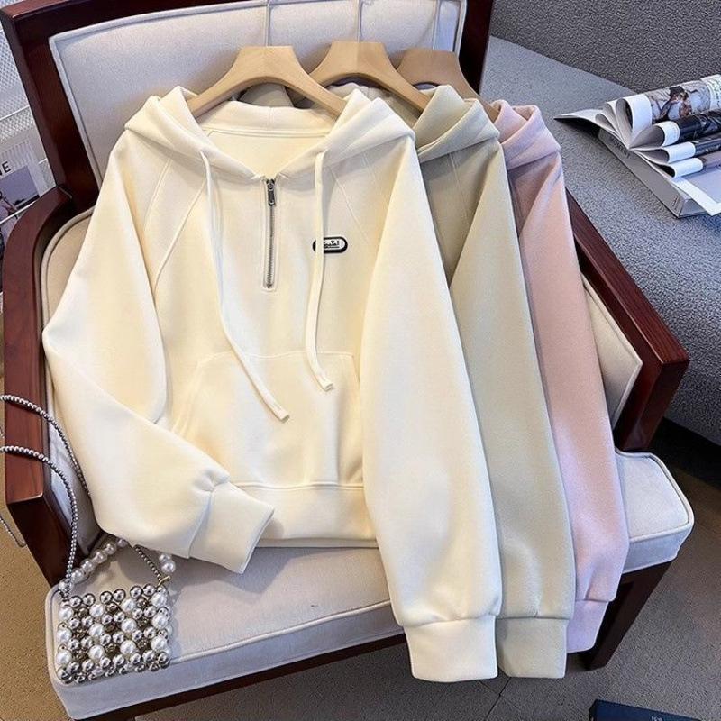 European Half-zip Hooded Embroidered Sweatshirt for Women Autumn and Winter Fashion Loose Casual Pocket Long-sleeved Top