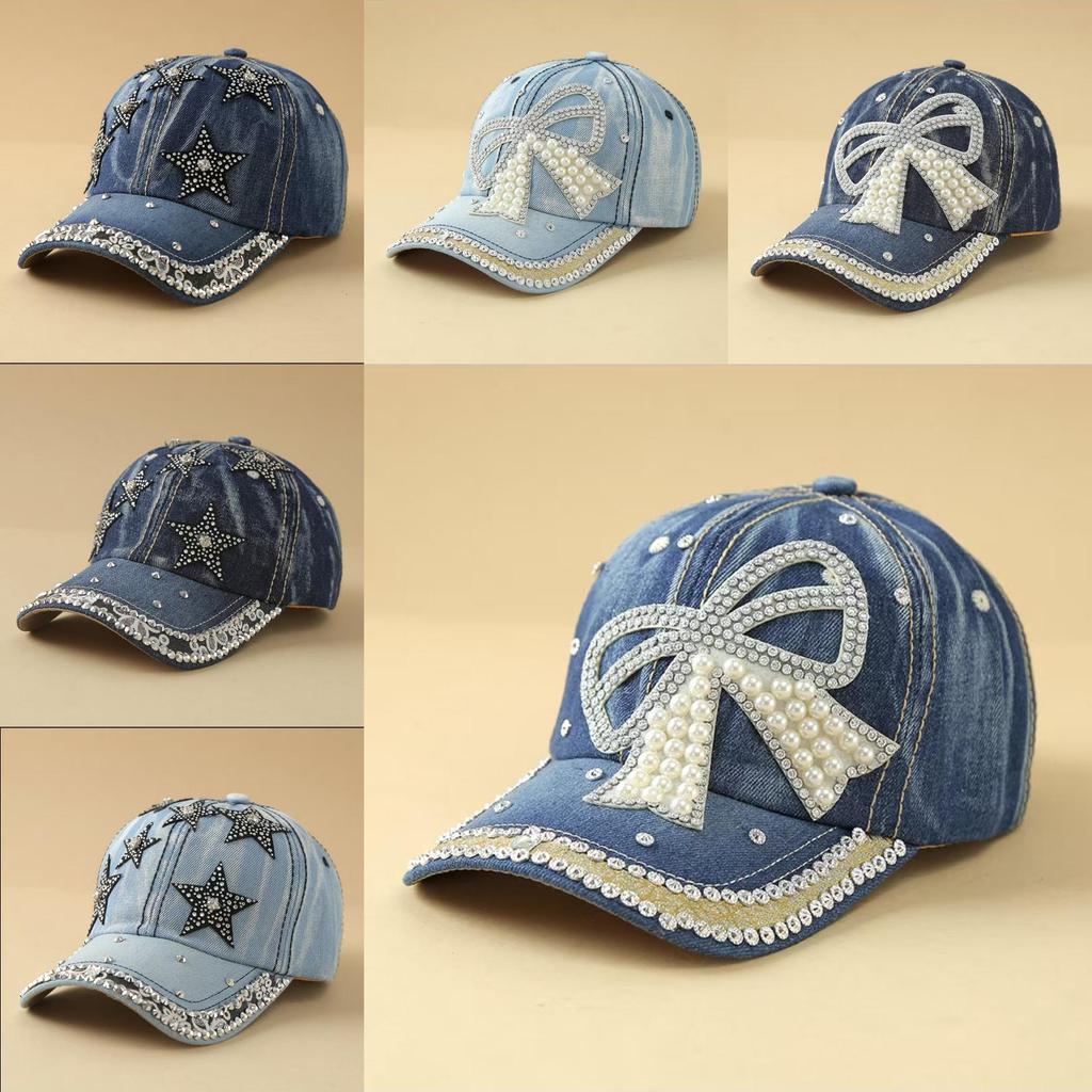 Artificial Pearls And Rhinestones Denim Cap With Sun Protection And Windproof Features For Women
