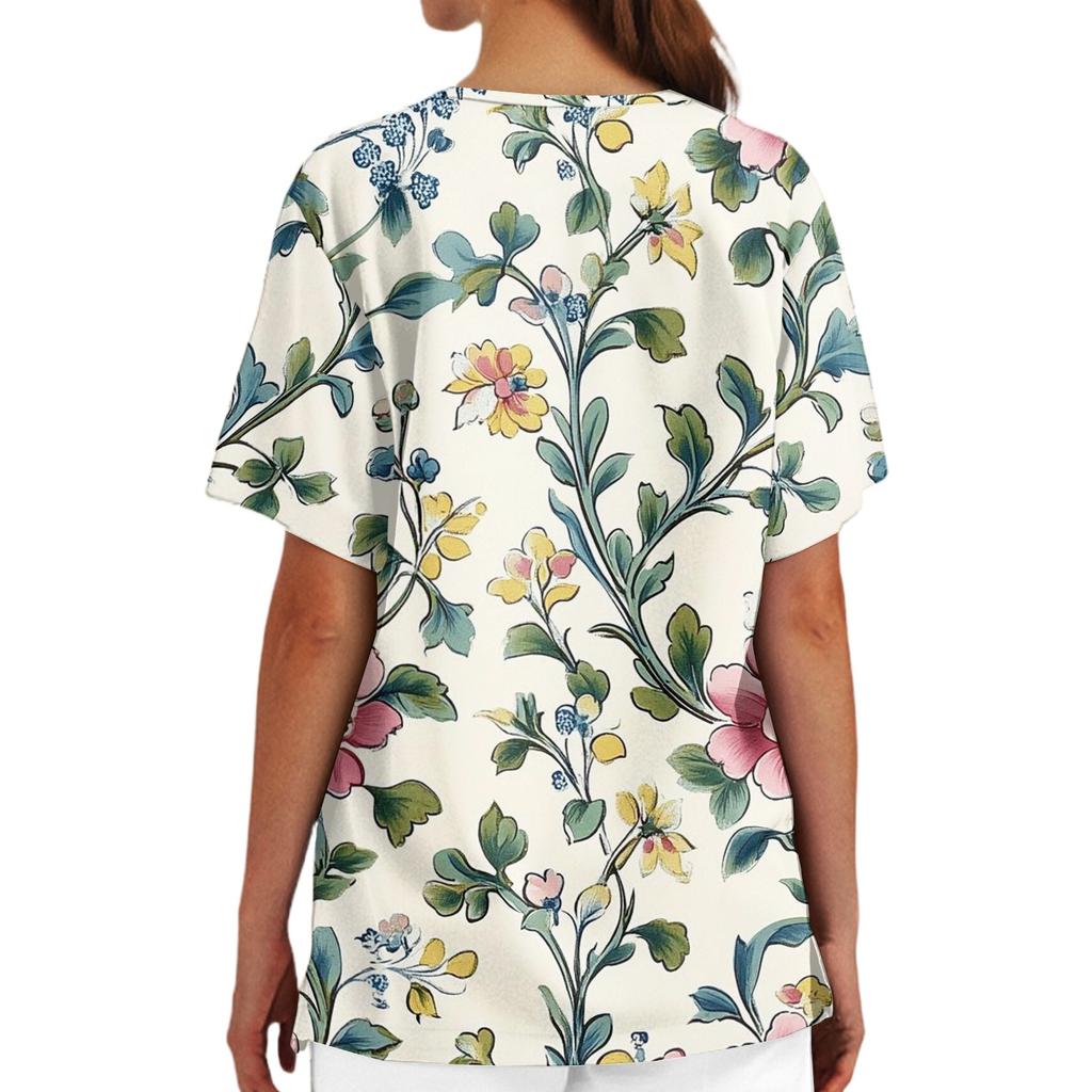 Medizinisches Kasack-Oberteil mit Blumendruck, V-Ausschnitt, Taschen und Seitenschlitzen, Kurzarm, Krankenschwester-Uniformhemd für Damen