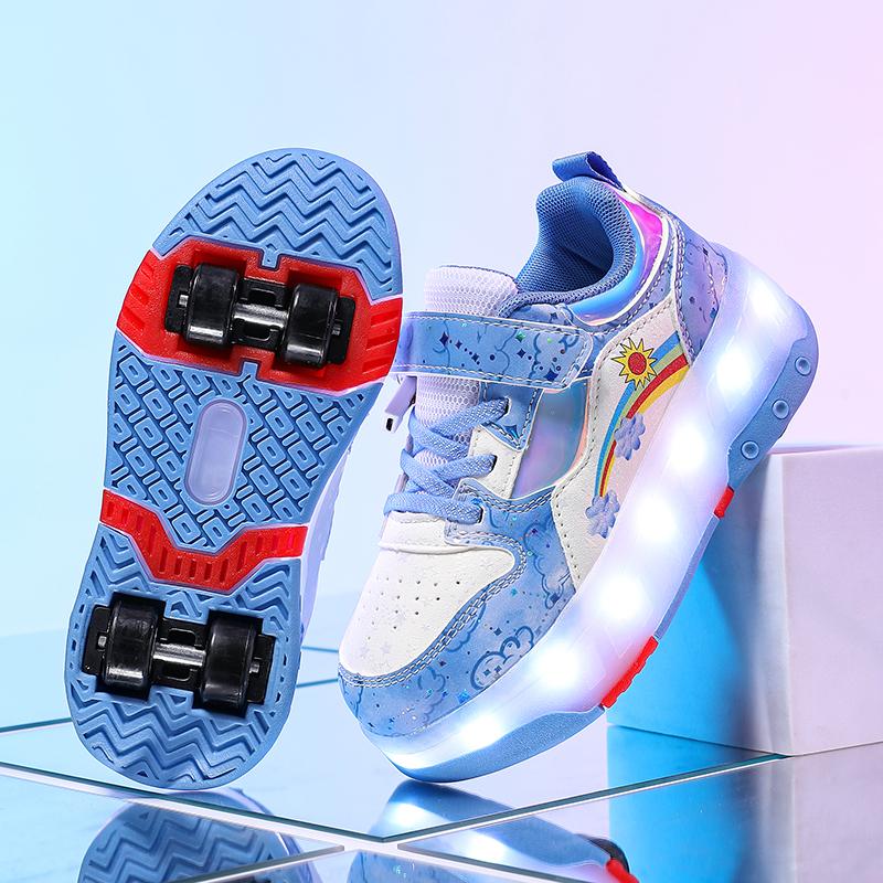

Kids Glowing Sneakers Removable Flat Glowing Sneakers with Charging Four Wheels Glowing Sports Shoes Girl s Glowing Sneakers 29 синий