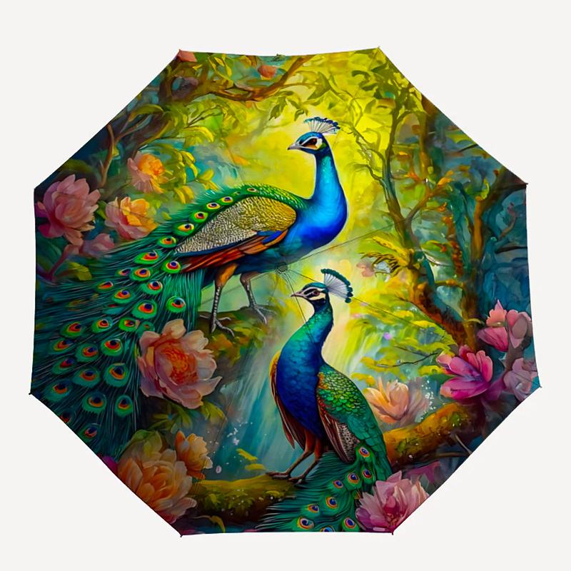 1pc Two Peacocks in Flowers Automatic Opening and Closing Umbrella - Small Umbrella Suitable for Various Occasions N096