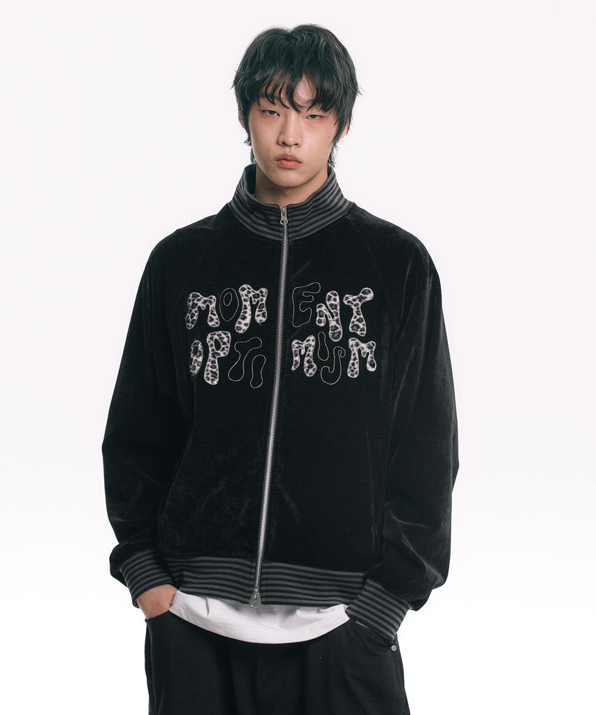 Moo Leopard Applique Velour Track Zip-Up - Black