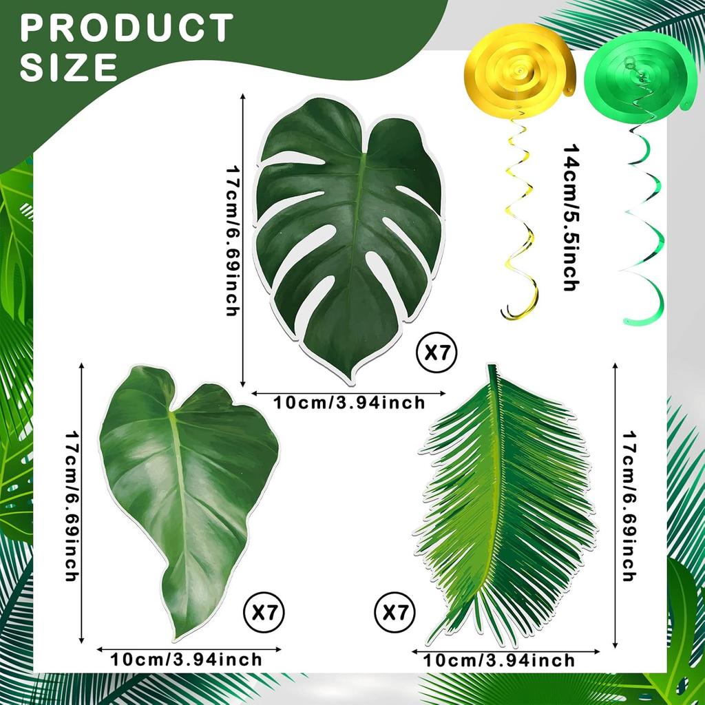 Geyee 51 Pcs Hawaiian Luau Party Palm Leaves Swirl Decorations Green Palm Leaves Hanging Decoration Ceiling Tropical Safari Jungle Party Decor for