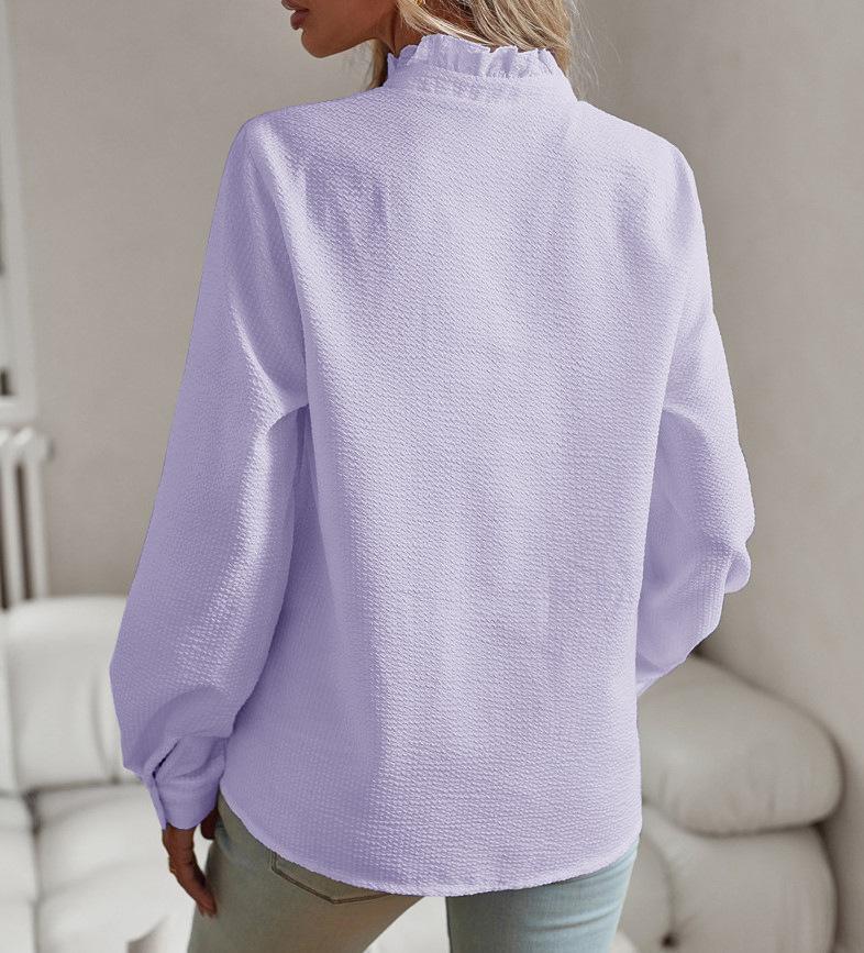 Cardigan Européen & Américain à Col Montant, Manches Bouffantes à Volants - Haut Uni à Manches Longues pour Femmes pour le Printemps & l'Automne