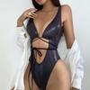 Costume da bagno intero da donna nero sexy con lacci - Tinta unita, taglia plus