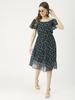 Moomaya Printed Off-Shoulder Poly Georgette Midi Dress Cinched Long Dress