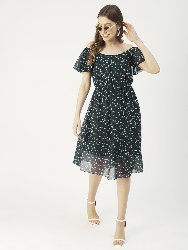 Moomaya Printed Off-Shoulder Poly Georgette Midi Dress Cinched Long Dress