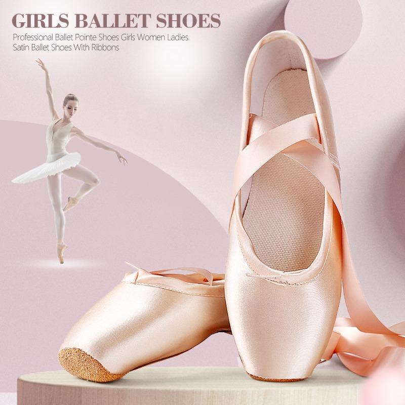 Satin Girls Ballerina Ballet Pointe Shoes Child Adult Ballet Shoes with Ribbons Practice Ballerina Shoes